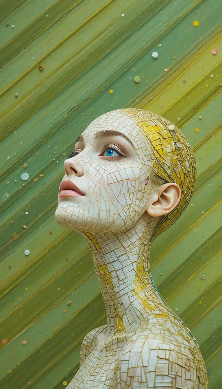 Abstract woman portrait on olive green and gold background