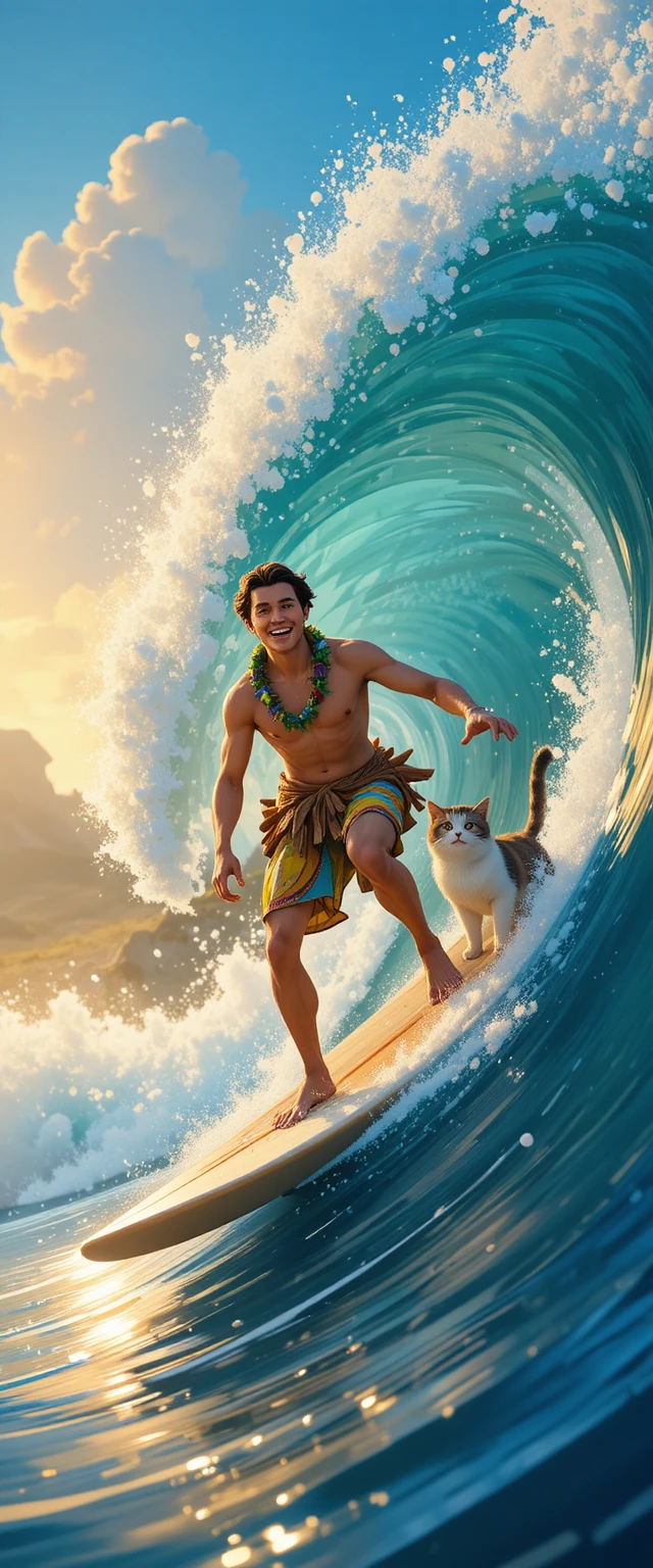Surfista hawaiano monta una ola gigante con su feliz gato compañero
