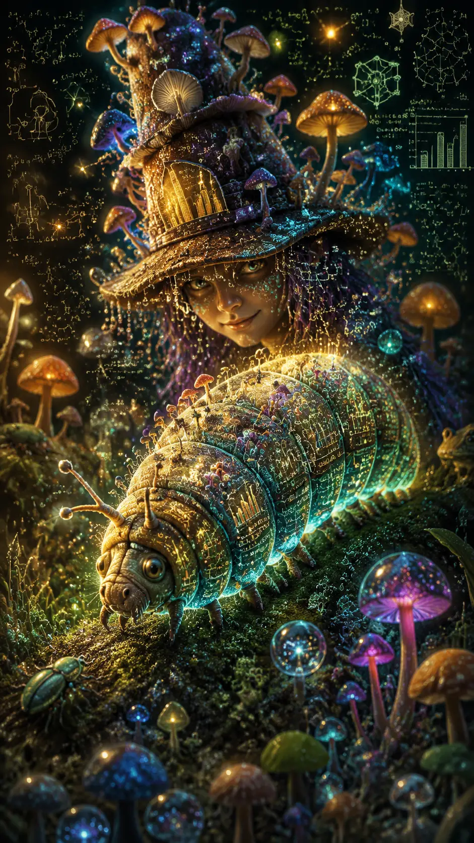 Colorful caterpillar in glowing fantasy mushroom forest