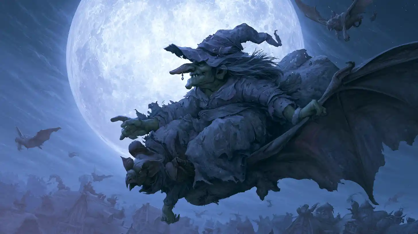 Baroque witch flying over moonlit village on bat-like creature