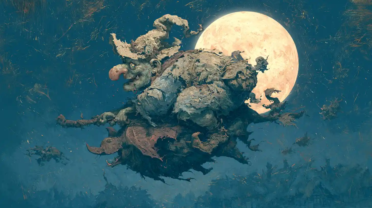 Ominous Green Witch Flying Above A Moonlit Village
