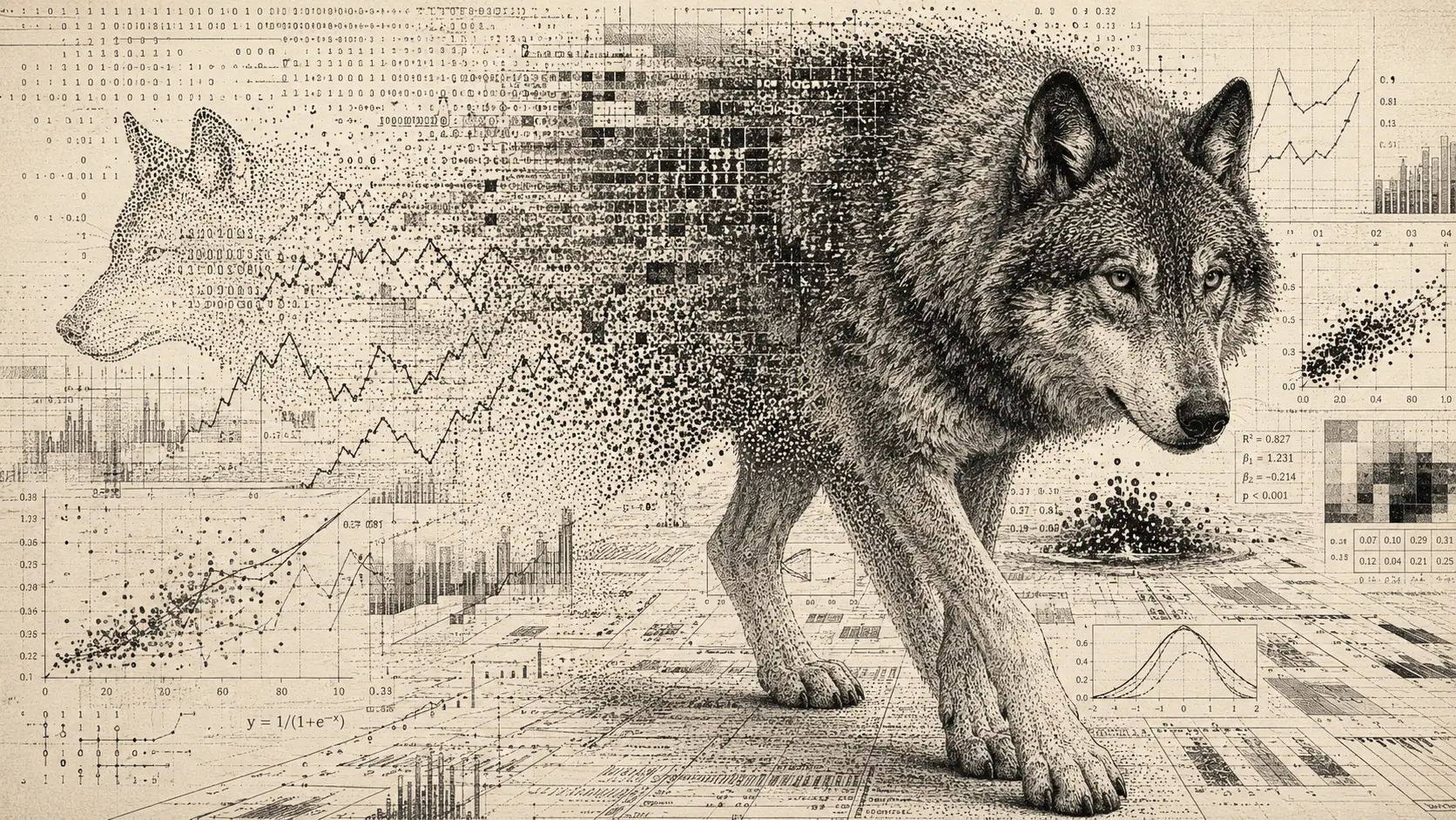 Wolf Emerging From Infinite Data Visualizations In Ink Stippling