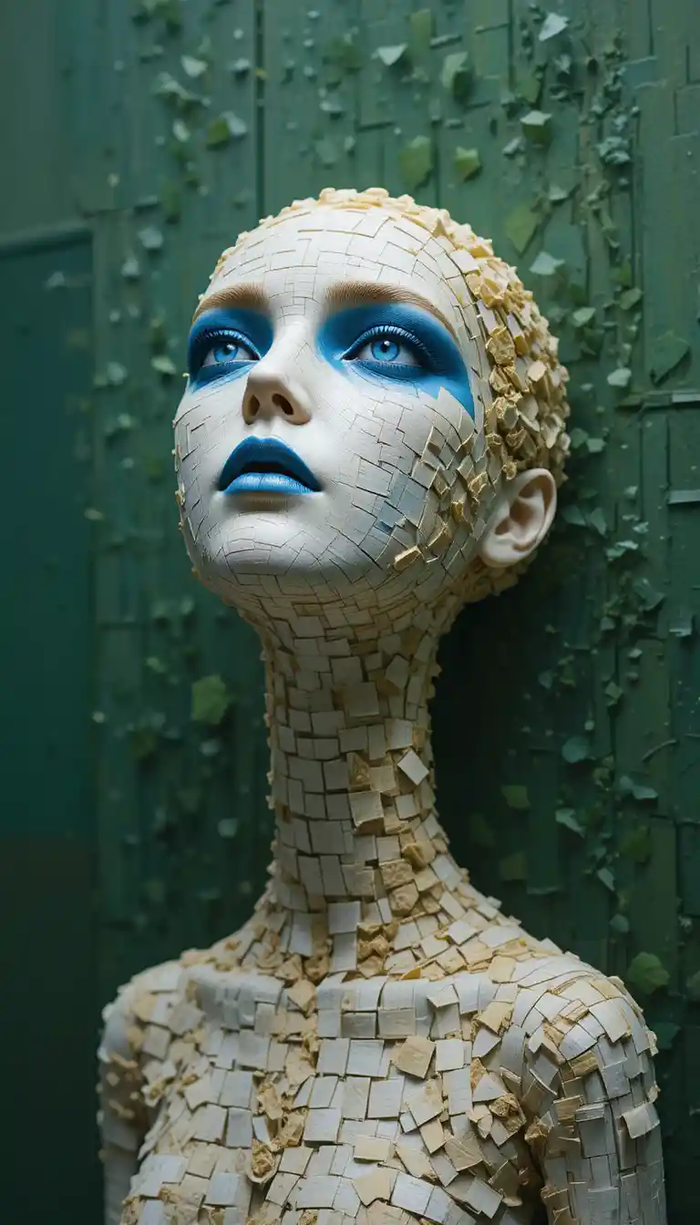 Abstract portrait seeking beyond in olive green and gold