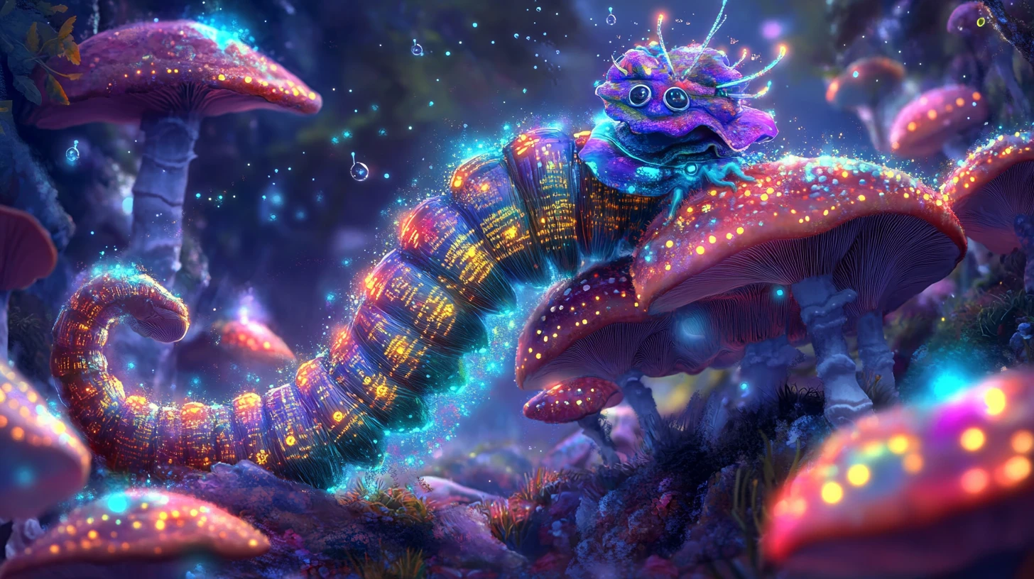 光る幻想的なキノコの森のカラフルなイモムシ
