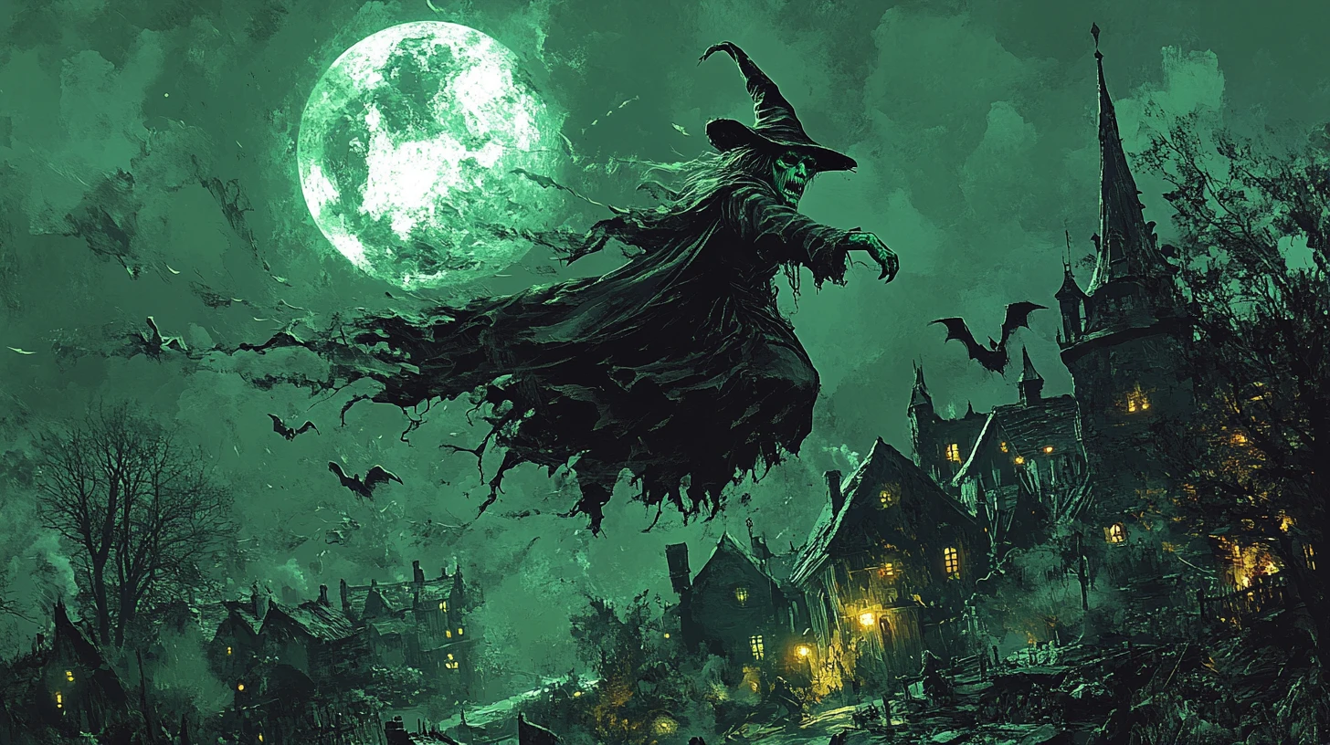 Baroque witch flying over a moonlit village night sky