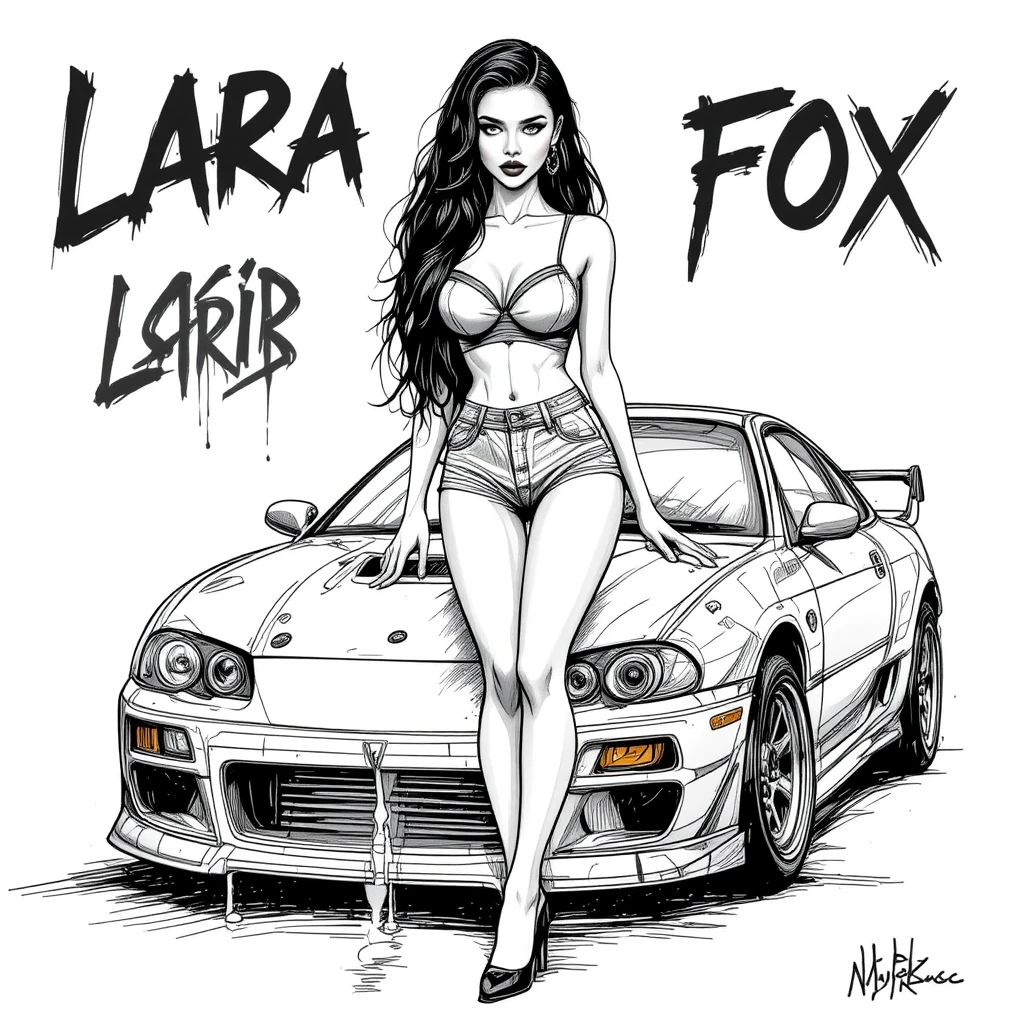 日本のドリフトカーのそばでポーズをとる自信に満ちた女性のラインアート