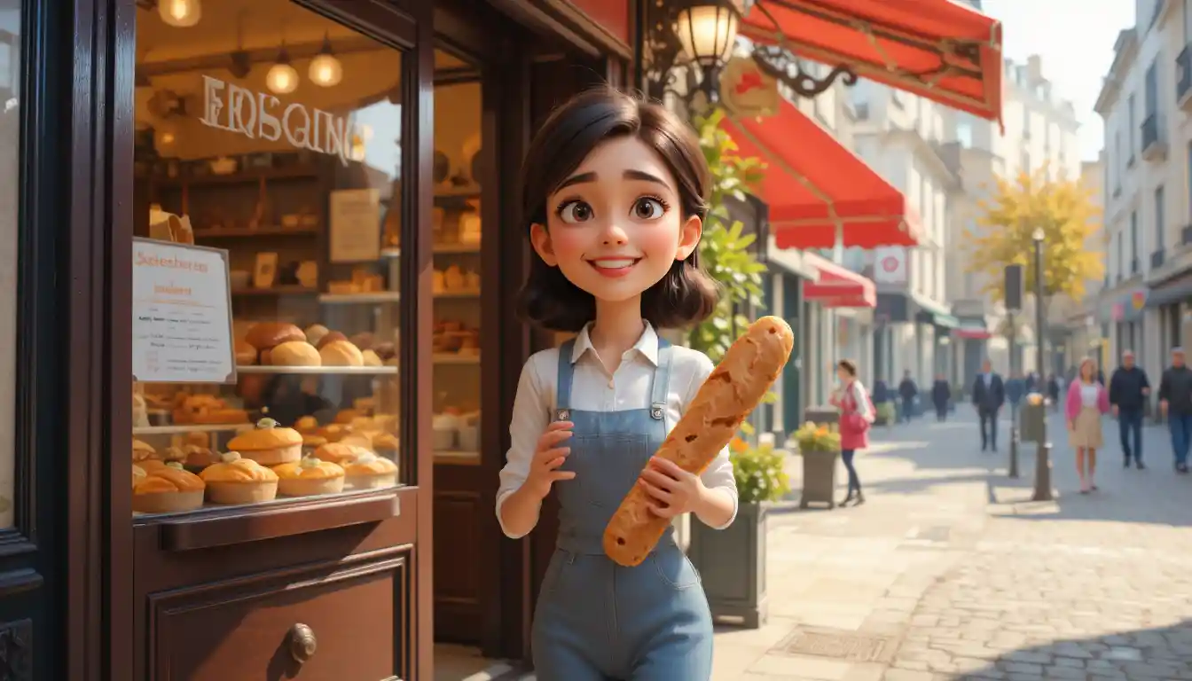 Mujer alegre saliendo de una panadería de París con una baguette fresca