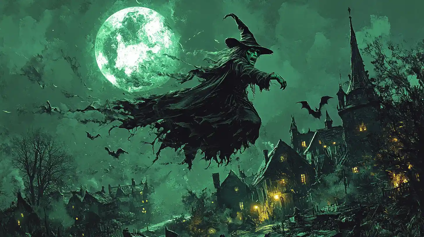 Baroque witch flying over a moonlit village night sky