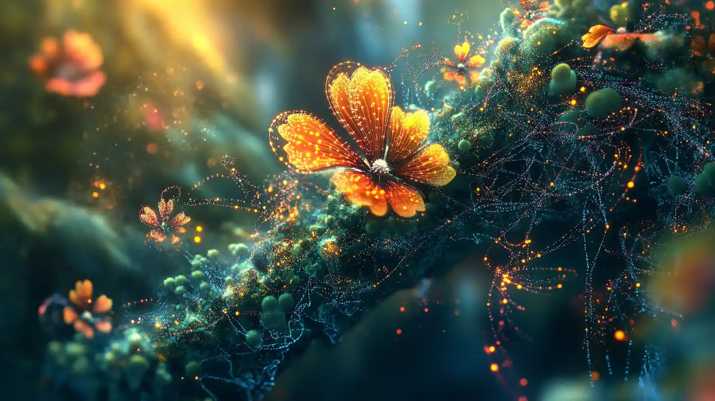 Ultra macro fantasy micro world glowing with hidden data