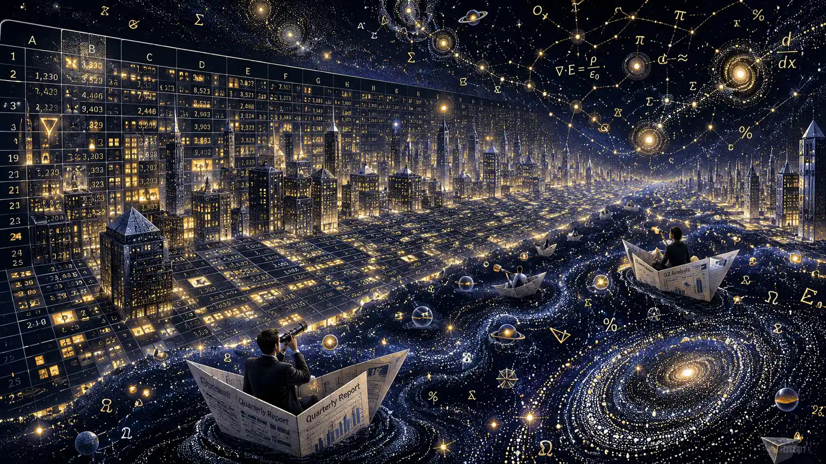 Paysage urbain surréaliste de feuille de calcul suspendu comme des fenêtres lumineuses dans l’espace