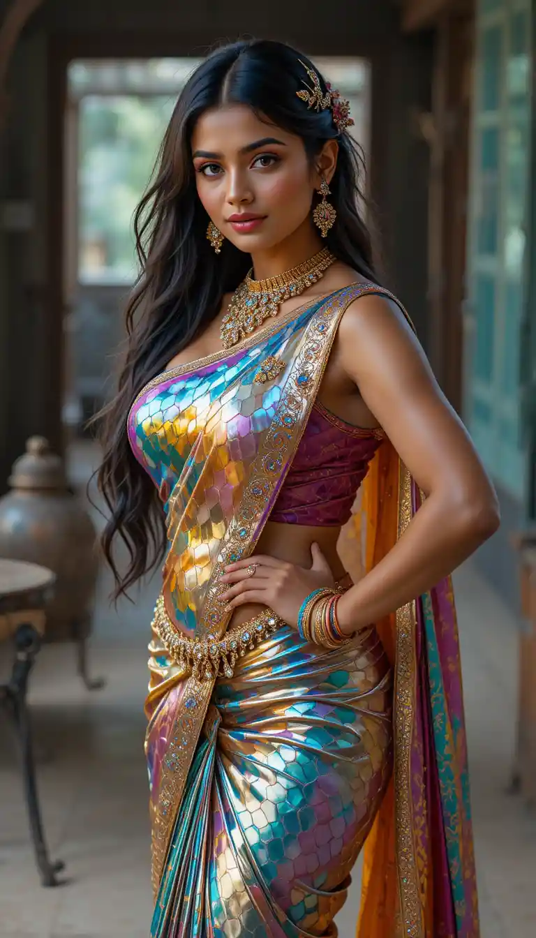 Tamil woman in glossy mirror saree full body fashion pose