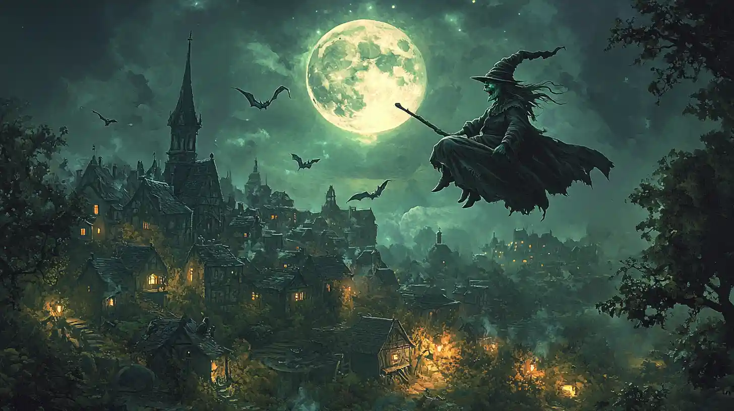 Ancient green witch flying over village by full moon
