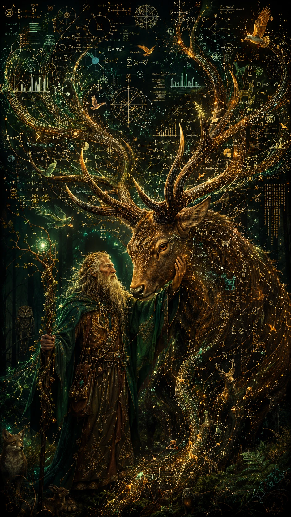 Druida del bosque con astas cósmicas de datos y galaxias