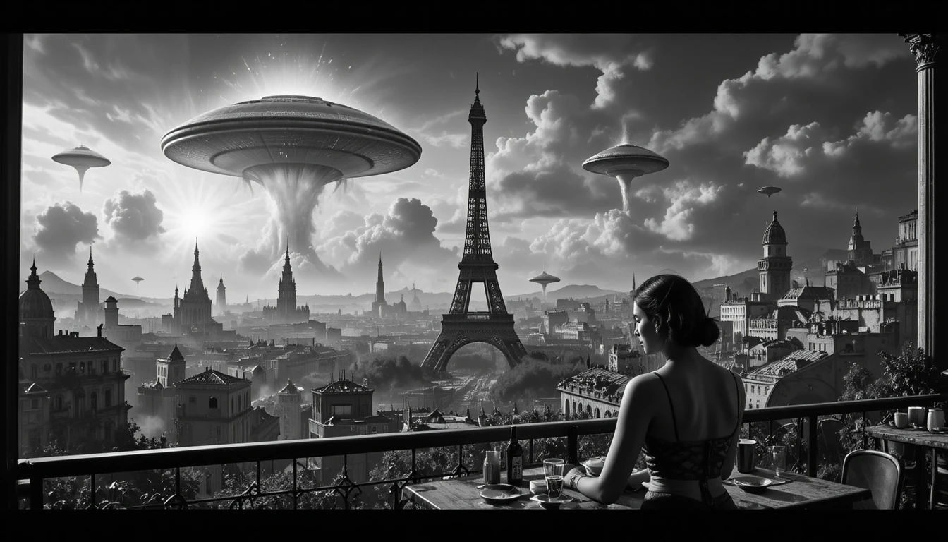Primer plano de una mujer bebiendo café con vista a París