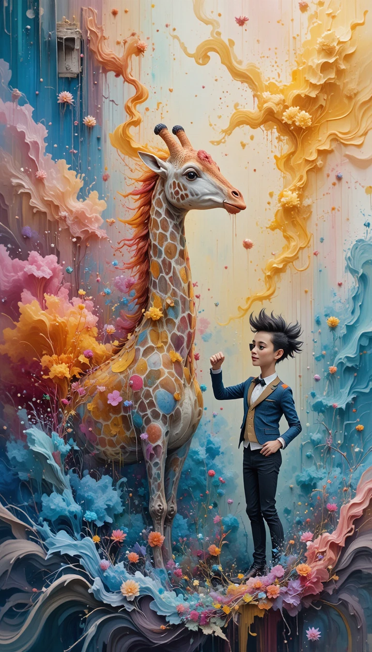 Girafe abstraite et colorée sur fond texturé tourbillonnant