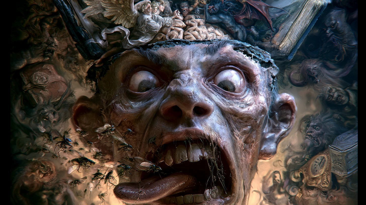 Rostro surrealista distorsionado con insectos y cerebro expuesto