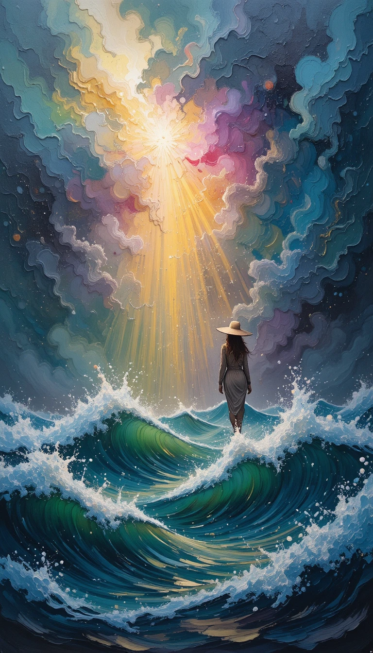 Olas dramáticas del océano bajo nubes de tormenta y rayos de sol