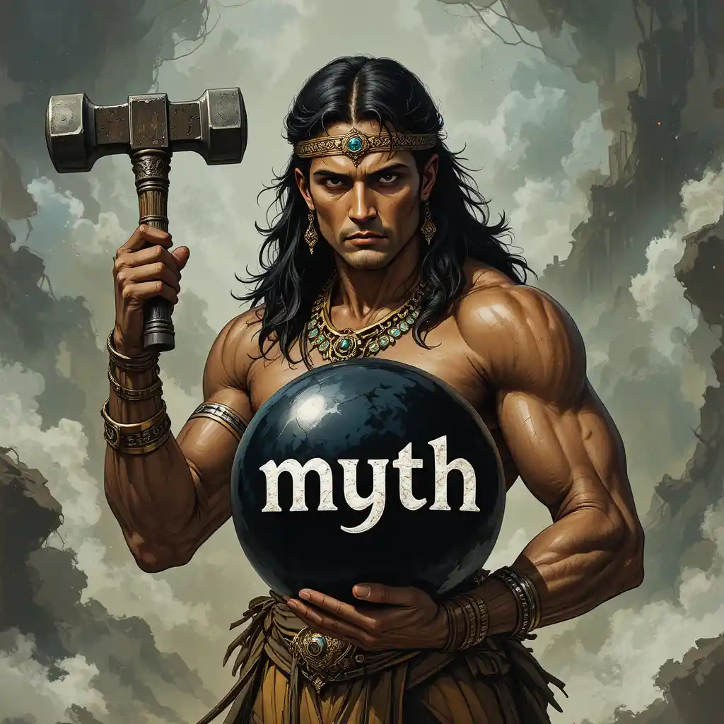 망치와 검은 MYTH 공을 들고 있는 인도 남성