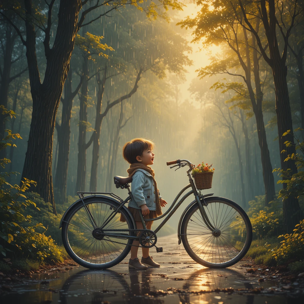 Niño bailando bajo la lluvia junto a una bicicleta en la luz del bosque