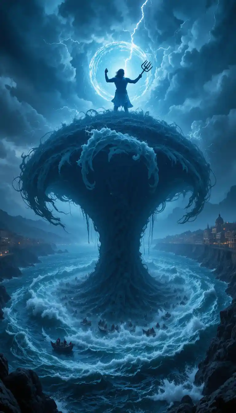 Poseidon commanding a vast stormy ocean whirlpool