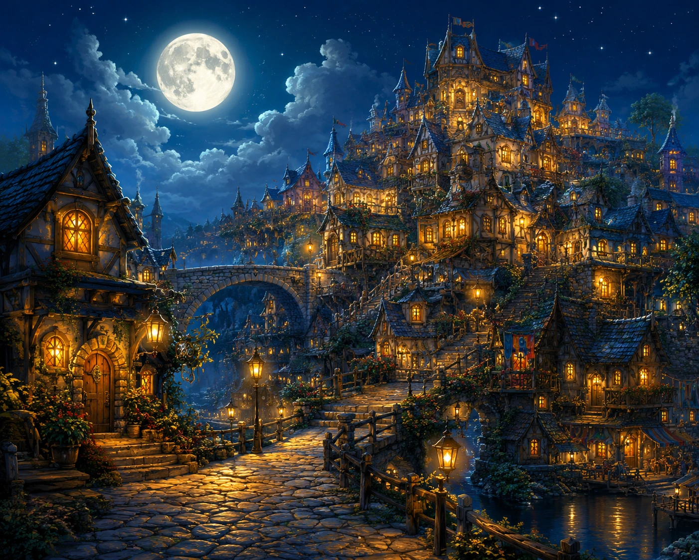 Pintoresco pueblo a la luz de la luna con casas apiladas y brillantes