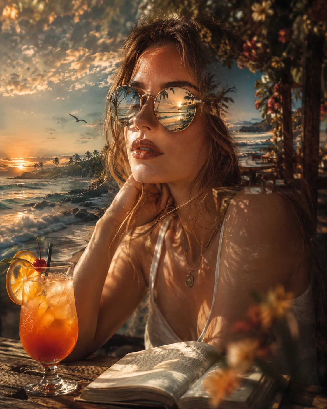 太陽眼鏡中映出海灘的夏日女子