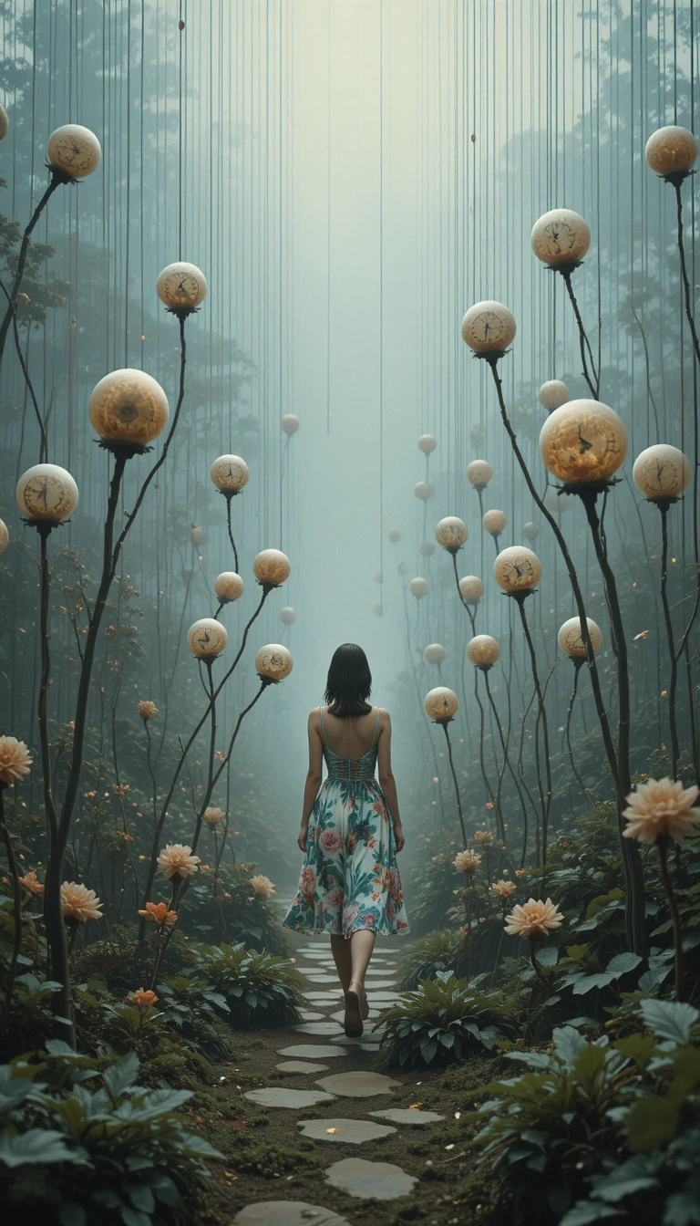 Chica con vestido acuarela caminando por jardín surreal de cristal