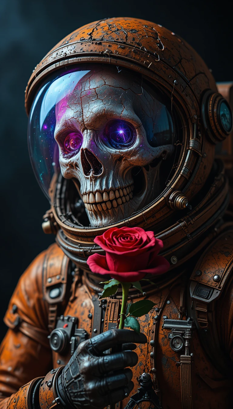 一本の赤く光る薔薇を持つ骸骨の宇宙飛行士