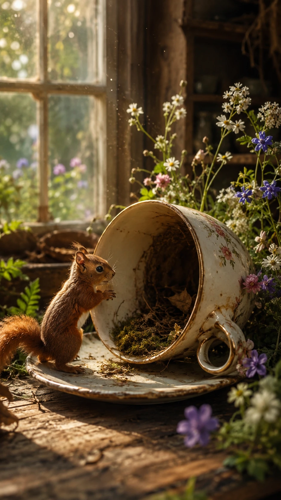 Ardilla roja curiosa explorando un escondite en una taza de porcelana