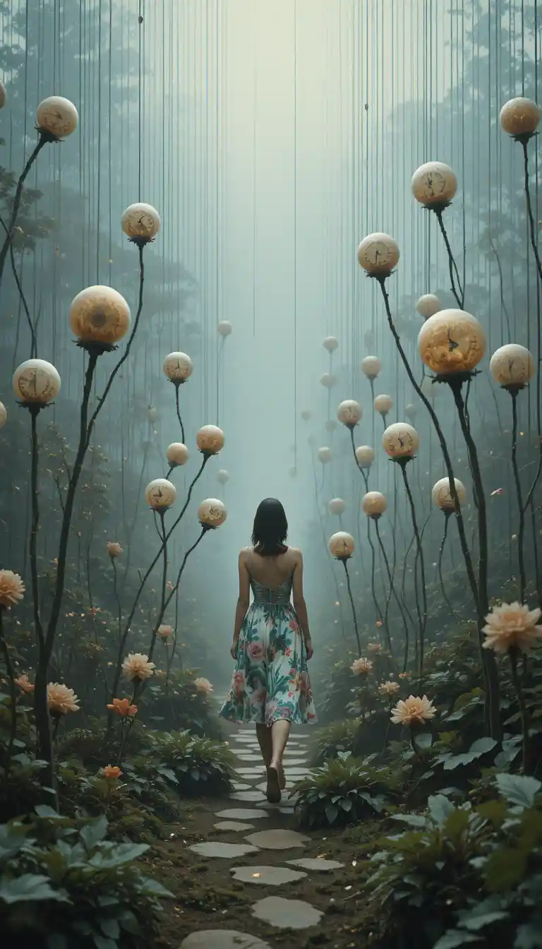 Chica con vestido acuarela caminando por jardín surreal de cristal