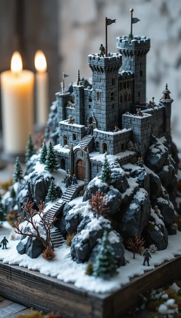 Fortaleza medieval en miniatura en montaña nevada a la luz de las velas