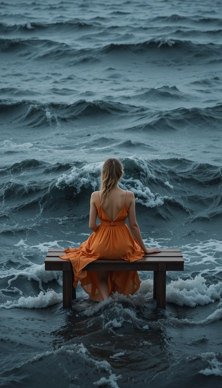 Woman in orange dress on a bench above raging ocean