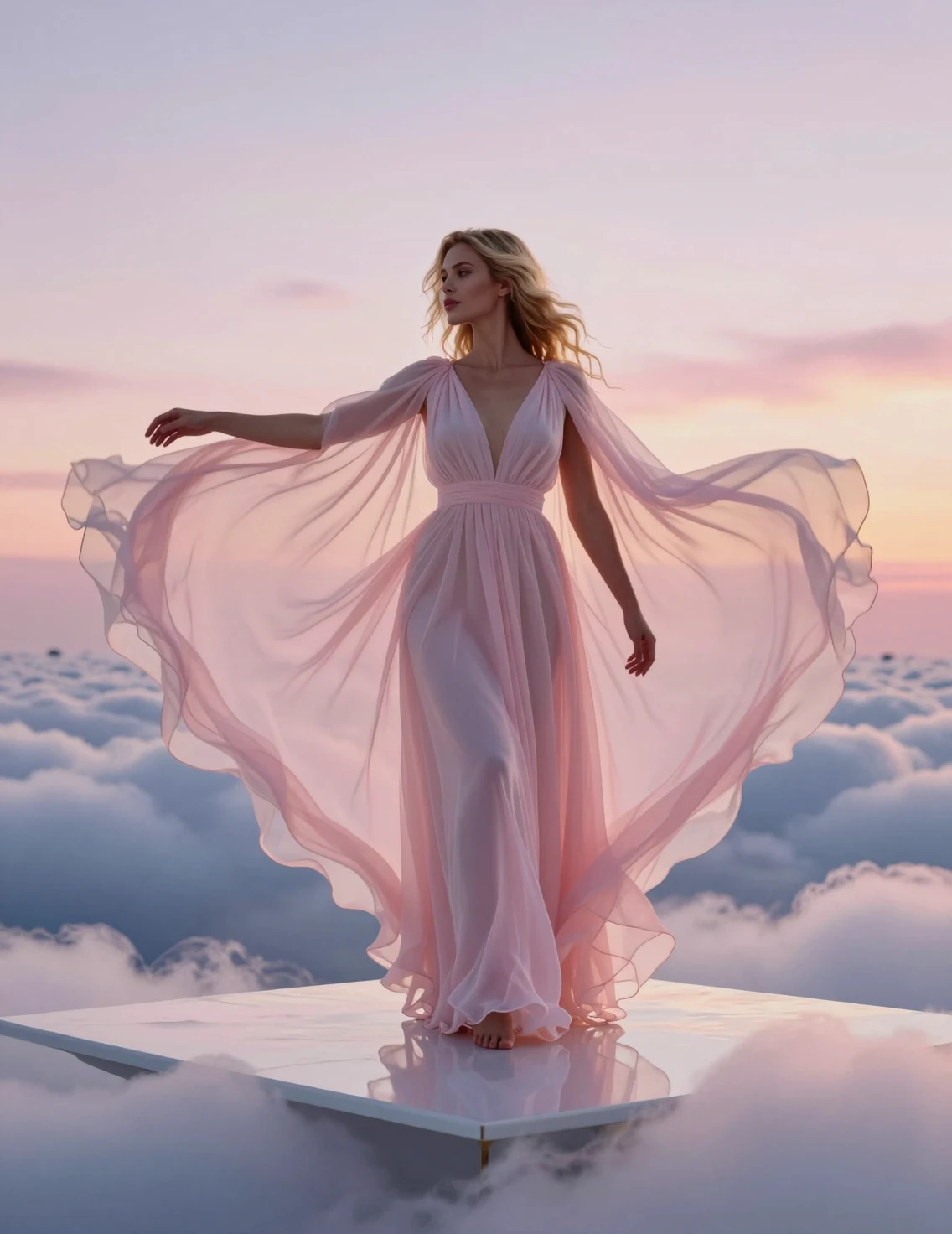 Elegante mujer rubia en plataforma flotante sobre las nubes