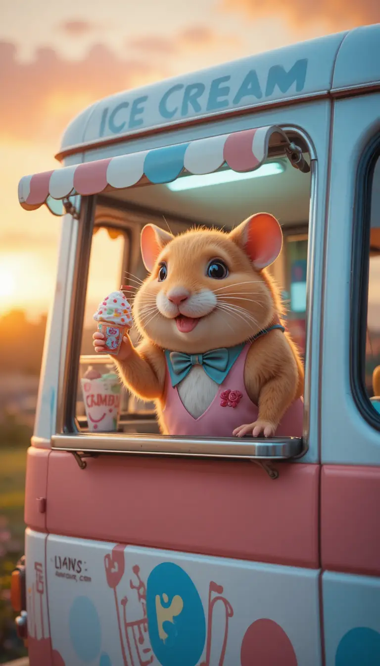 Tierno hámster vendedor de helados en la ventana de un camión al atardecer