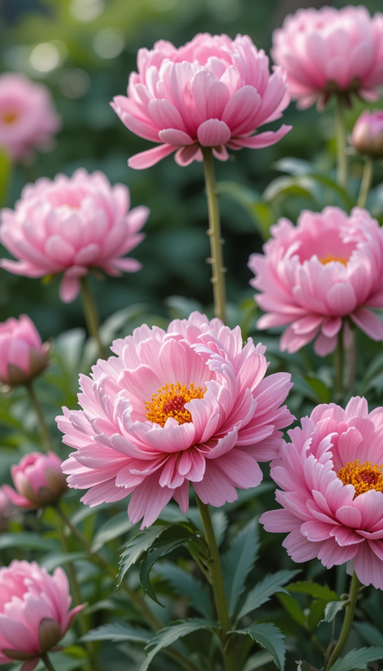 Peonías rosa suave en un sereno jardín de estilo wabi sabi
