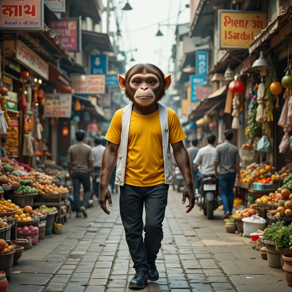 Singe anthropomorphe marchant dans un marché de rue indien animé