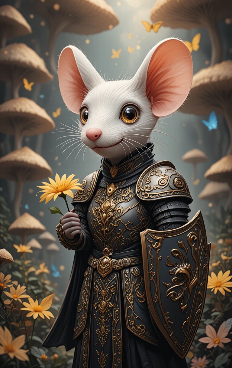 White mouse knight holding a daisy in fantasy forest