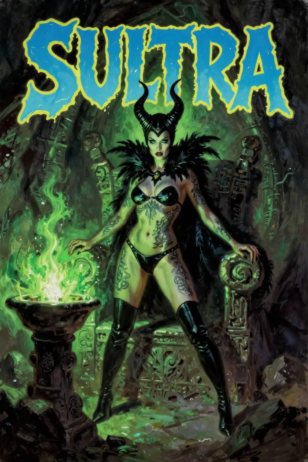 Dark sorceress in a cavernous throne room with green magic