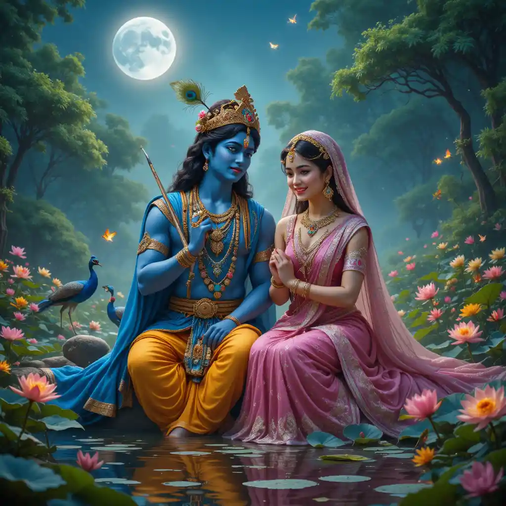El divino Krishna y Radha junto a un estanque del bosque iluminado por la luna