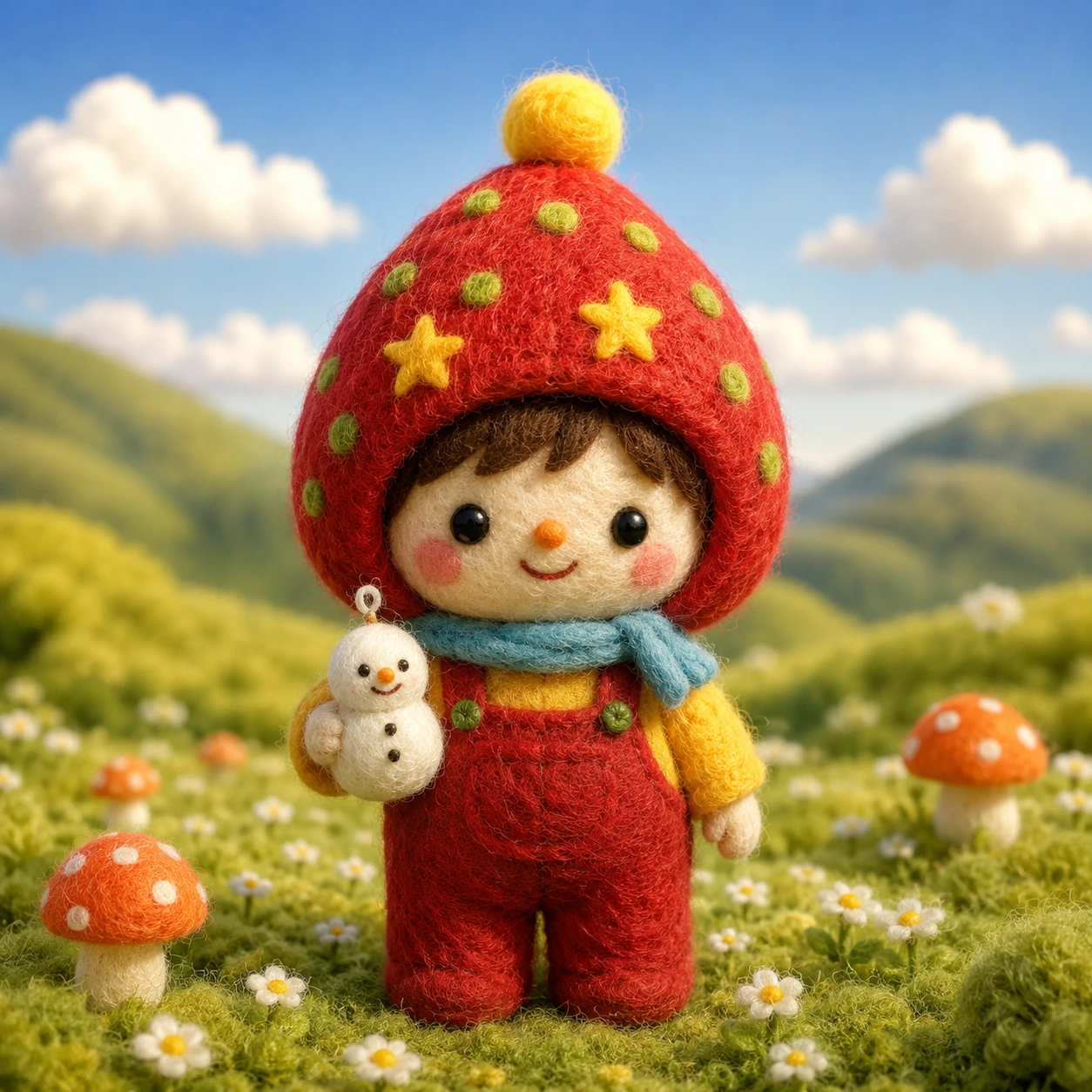 いちごフードをかぶったかわいい羊毛フェルトの女の子と草原