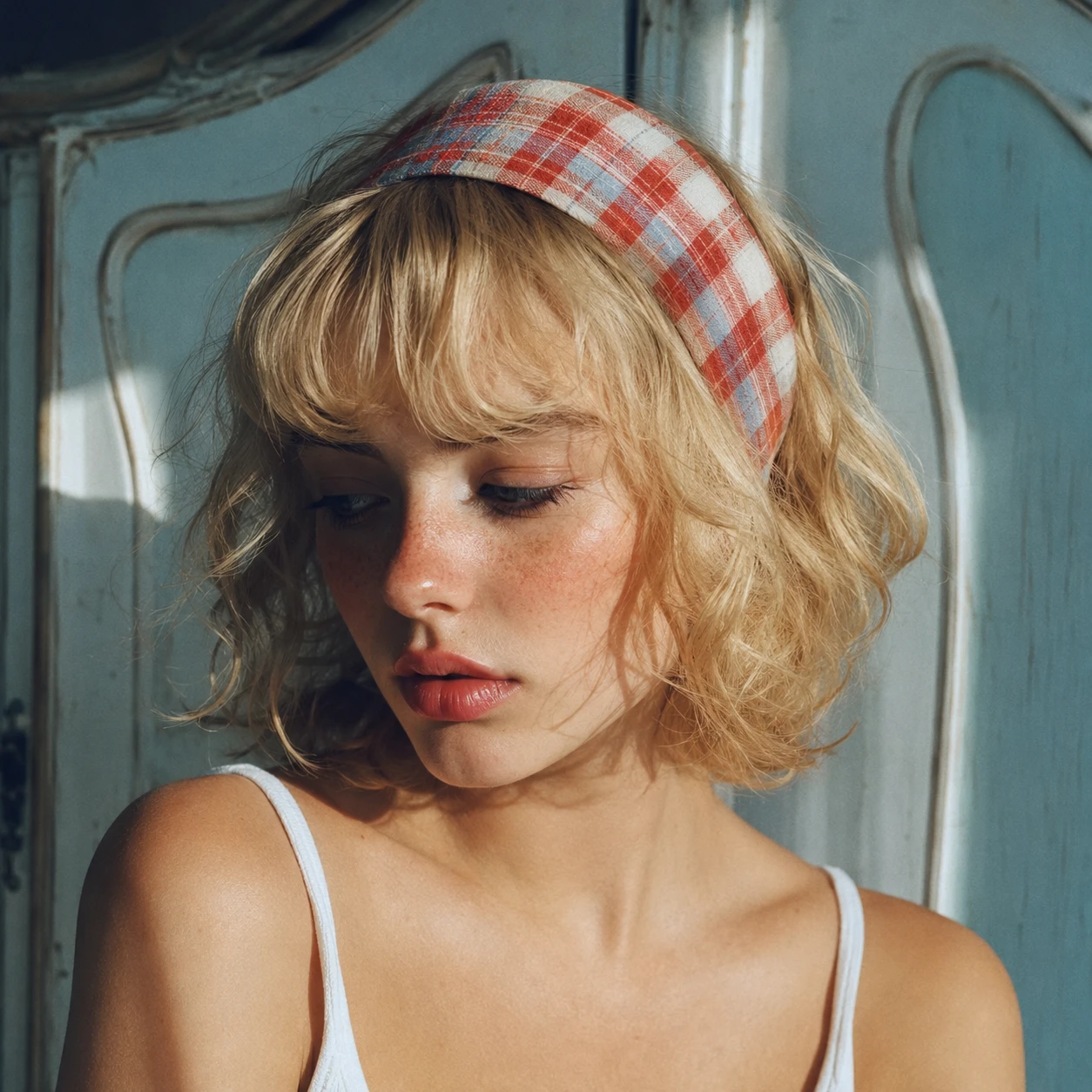 Retrato cinematográfico de una mujer rubia pecosa en enfoque suave