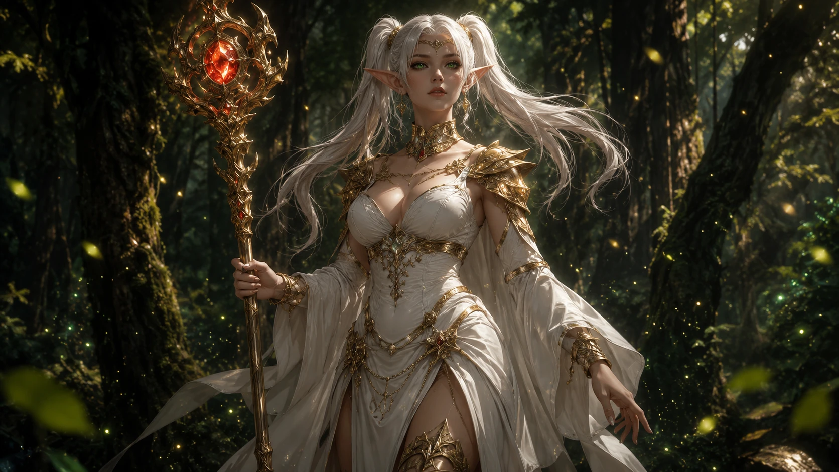 Maga elfa superior en un bosque oscuro y encantado