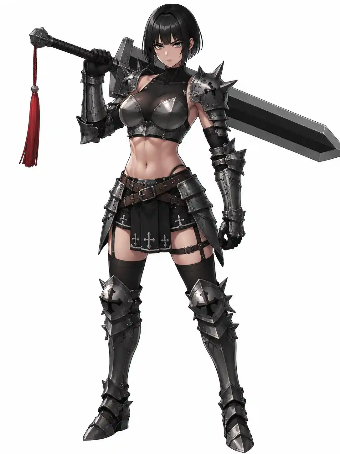 Anime warrior woman with greatsword on white background