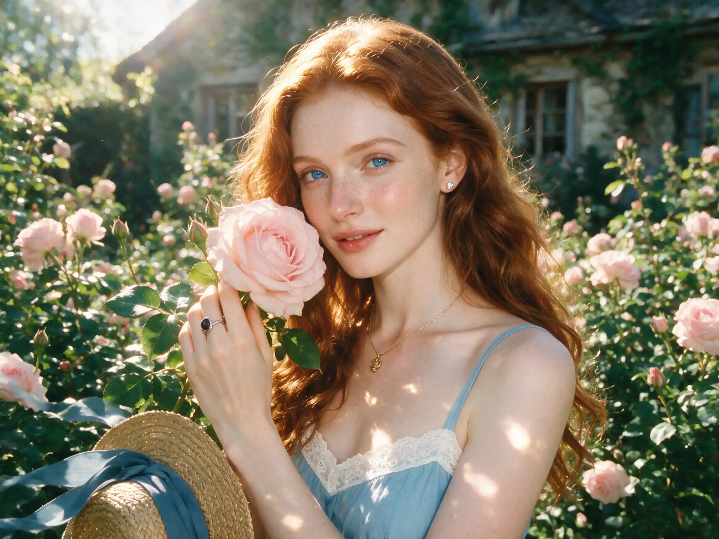Retrato de joven con rosa en un jardín bañado por el sol