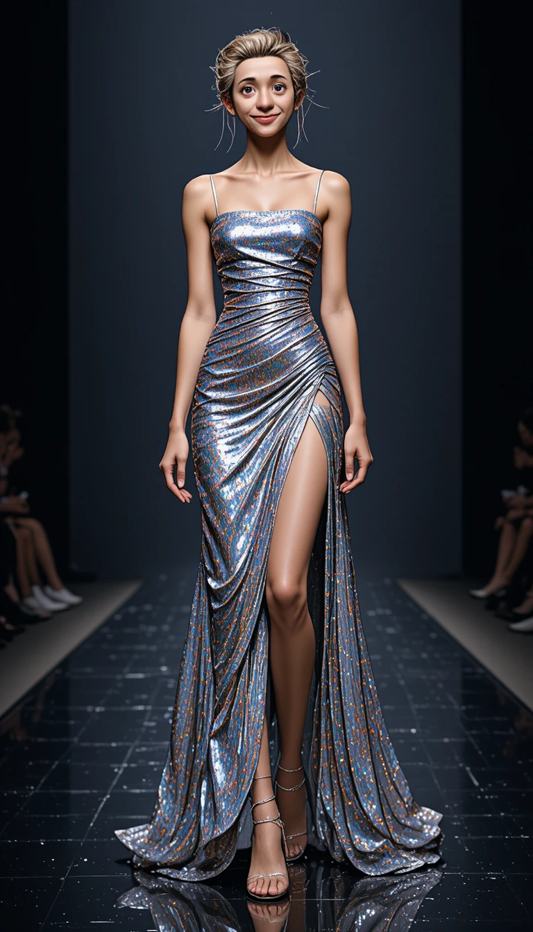 Modelo de moda rubia con vestido plateado en pasarela oscura