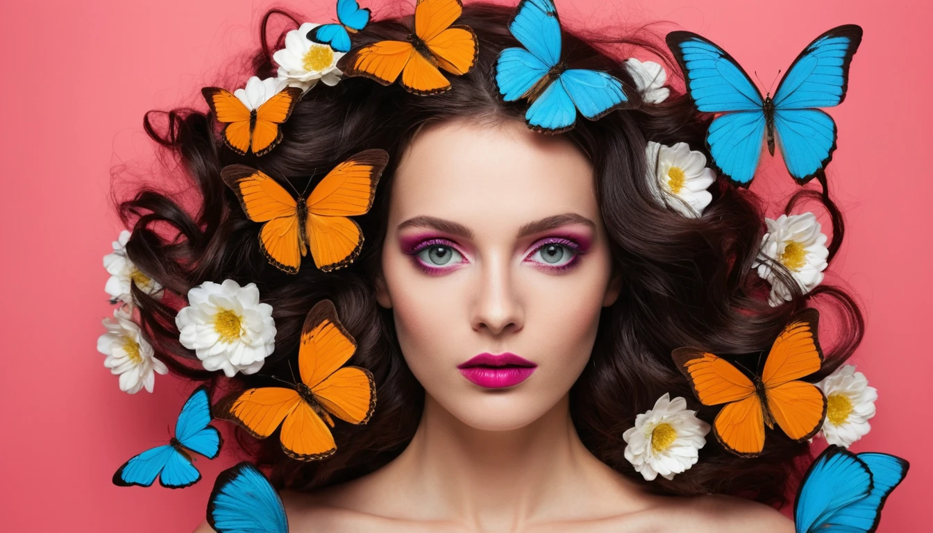 Mujer melancólica con flor roja y cabello oscuro fluido