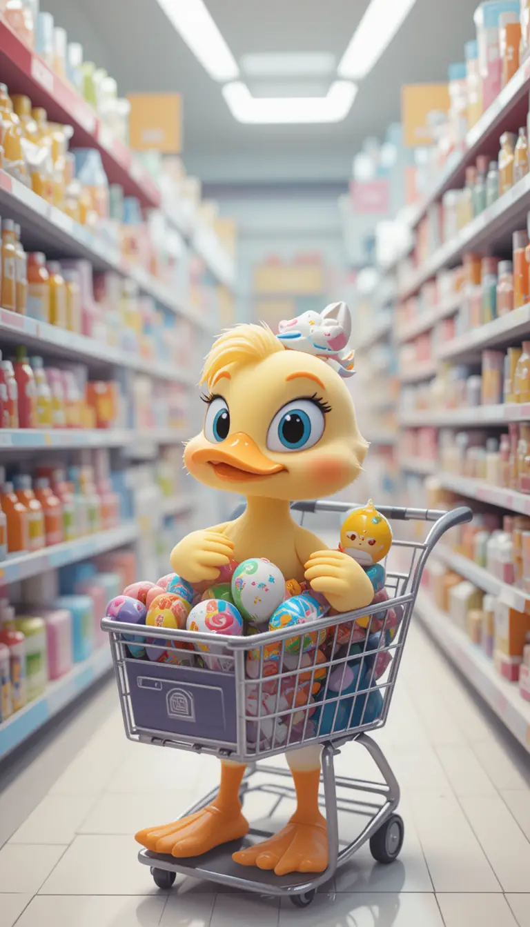 Cute duck excitedly goes shopping with a full cart