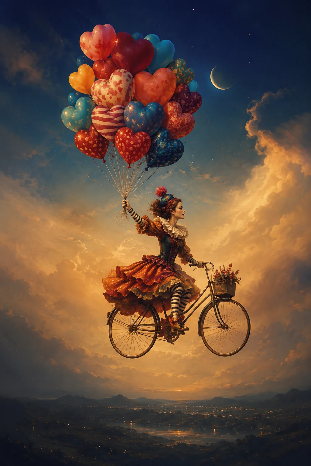 Payasa niña pedaleando por el cielo del crepúsculo con globos de corazón