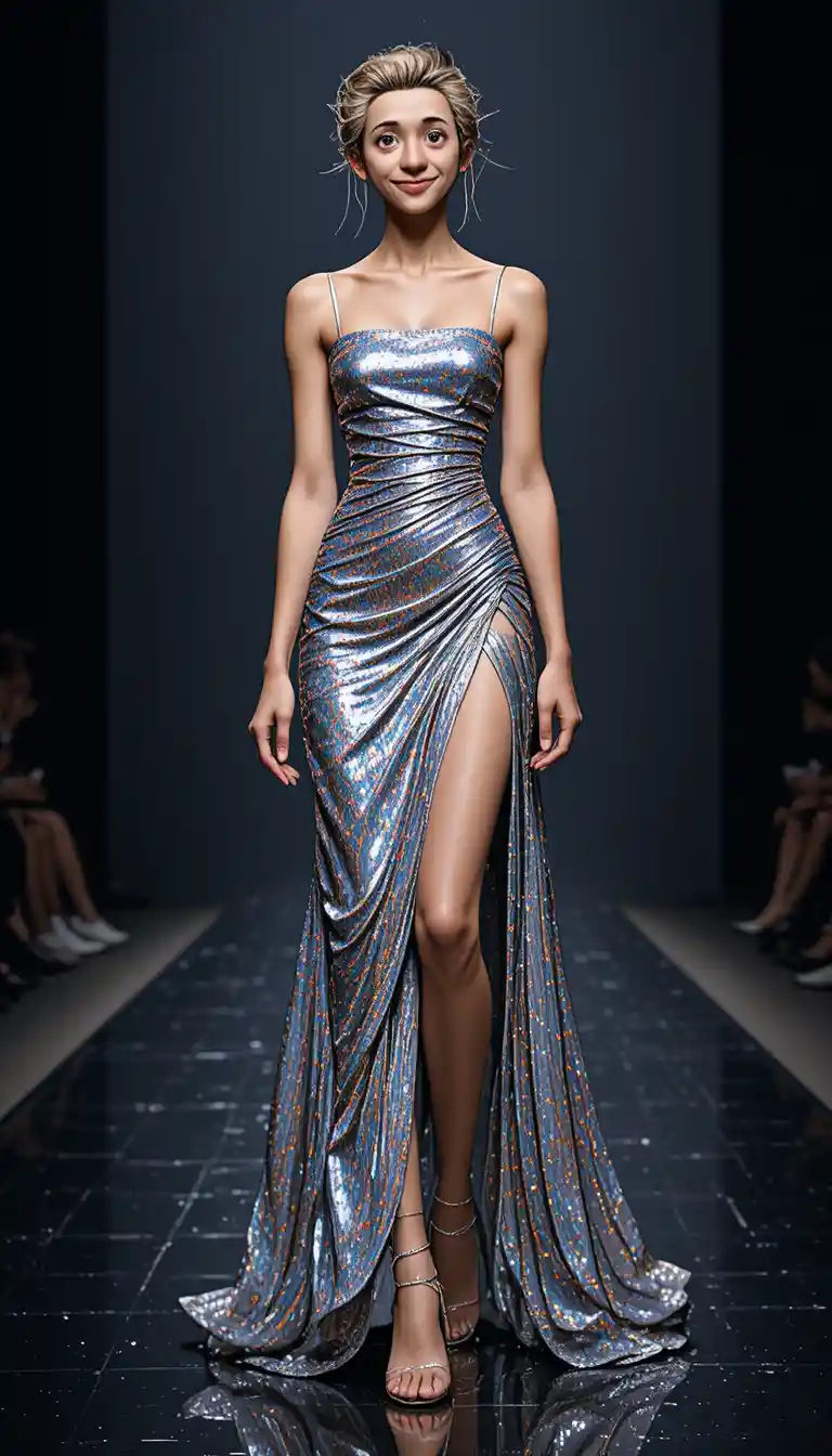 Modelo de moda rubia con vestido plateado en pasarela oscura