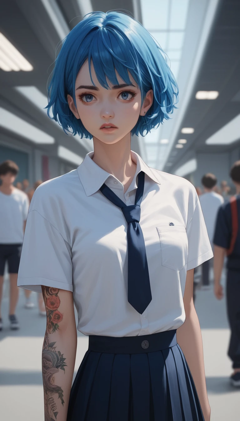 Injured anime schoolgirl standing in a crowded gym